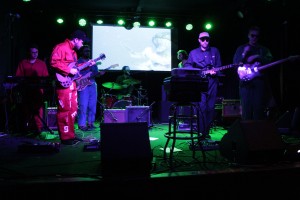A Passel of Onesies: Members of Public Access and special guests on stage Wednesday for the tour kickoff at The Pyramid Scheme. (Photo/Anna Sink)
